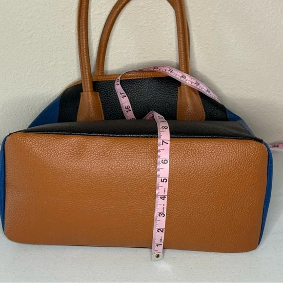 Neiman Marcus Tote Bag Tri-color Camel Brown, Black & Blue Vegan Pebble Leather - Picture 4 of 9